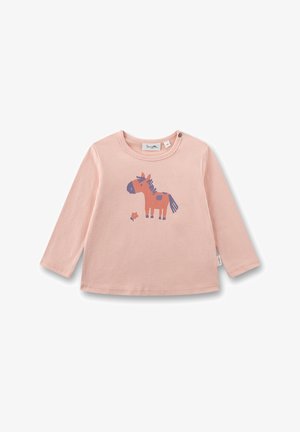 Helles rosa Langarmshirt für Kleinkinder mit einem lila und orangefarbigen Pferd und einer kleinen Blume, die auf der Vorderseite gedruckt sind.
