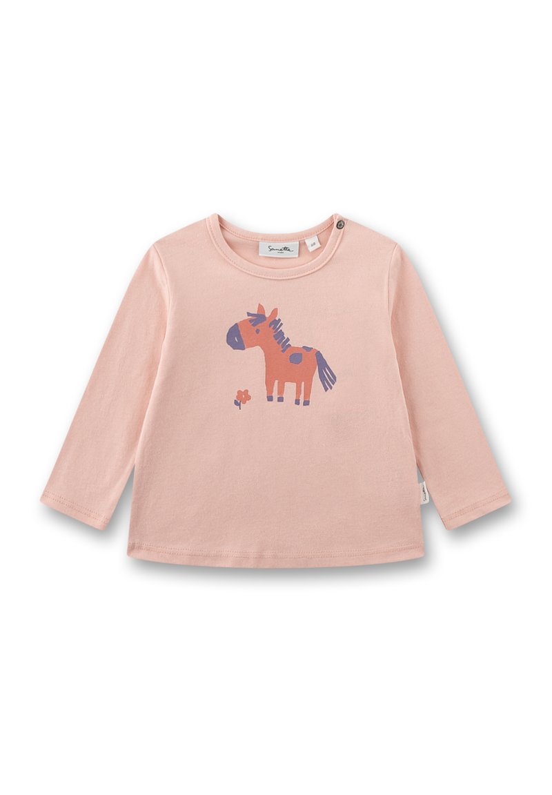 Helles rosa Langarmshirt für Kleinkinder mit einem lila und orangefarbigen Pferd und einer kleinen Blume, die auf der Vorderseite gedruckt sind.