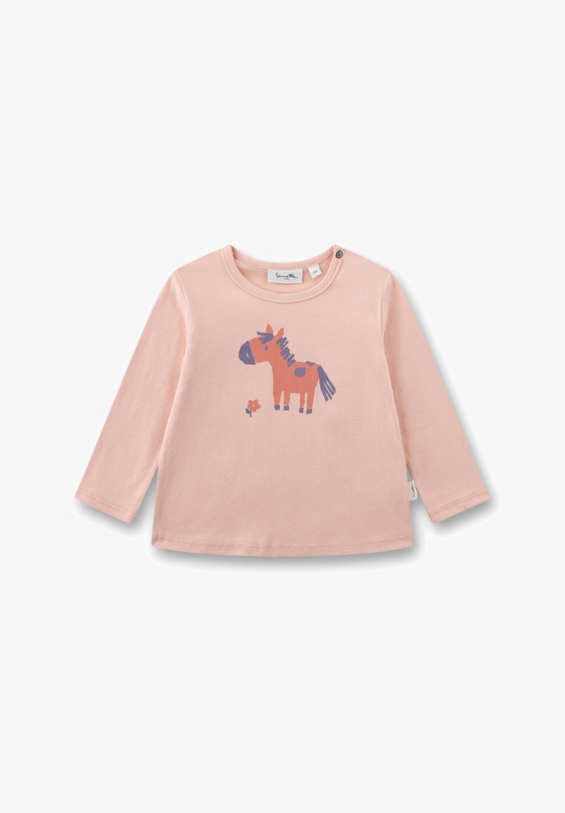 Helles rosa Langarmshirt für Kleinkinder mit einem lila und orangefarbigen Pferd und einer kleinen Blume, die auf der Vorderseite gedruckt sind.