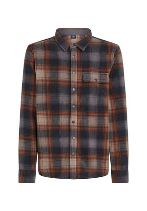 Geruite overhemd met lange mouwen in donkerblauw, oranje en beige. Heeft een knoopsluiting aan de voorkant, een gespreide kraag en een enkele borstzak. Textuurstof.