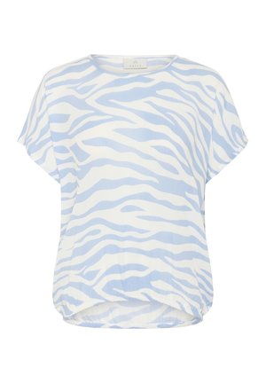 Hellblaues und weißes kurzärmliges Oberteil mit einem Zebra-Streifenmuster, gefertigt aus leichtem Stoff, mit einem abgerundeten Saum und lockerer Passform.