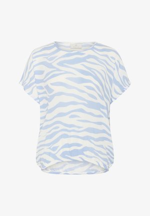 Lichtblauw en witte korte mouw top met een zebra streep patroon, gemaakt van een lichtgewicht stof met een ronde zoom en een losse pasvorm.