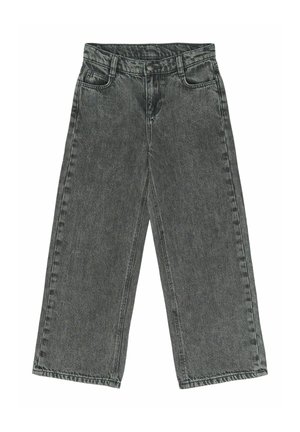 Jean noir à jambes larges, taille haute, fermeture par bouton et zip, poches avant et arrière, et passants de ceinture.