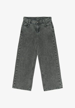 Zwarte wijde jeans met hoge taille, knoop- en ritssluiting, voor- en achterzakken en riemlussen.