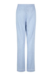 Pantalons de pyjama bleu clair avec des rayures verticales blanches, taille élastique et un simple bord blanc aux poignets. Design à jambe droite.