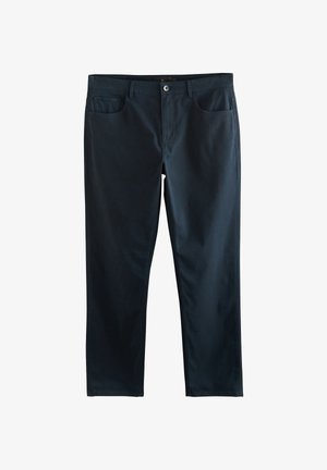 Pantalones rectos de hombre en azul marino oscuro con botón delantero, cremallera, trabillas para cinturón y bolsillos laterales, extendidos sobre fondo blanco.