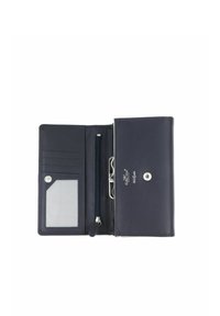 Portefeuille en cuir noir avec plusieurs emplacements pour cartes, fenêtre transparente pour carte d'identité, compartiment zippé et fermeture à pression, étiqueté sécurisé RFID.