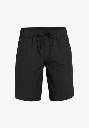 Shorts noirs avec une taille élastique et un cordon de serrage. Caractéristiques des poches latérales, une texture lisse et un design droit.