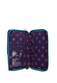 Ritsportemonnee met een teal buitenkant, voorzien van een paarse binnenkant met roze bloemmotieven. Inclusief meerdere kaartsleuven en een doorzichtige ID-pocket.