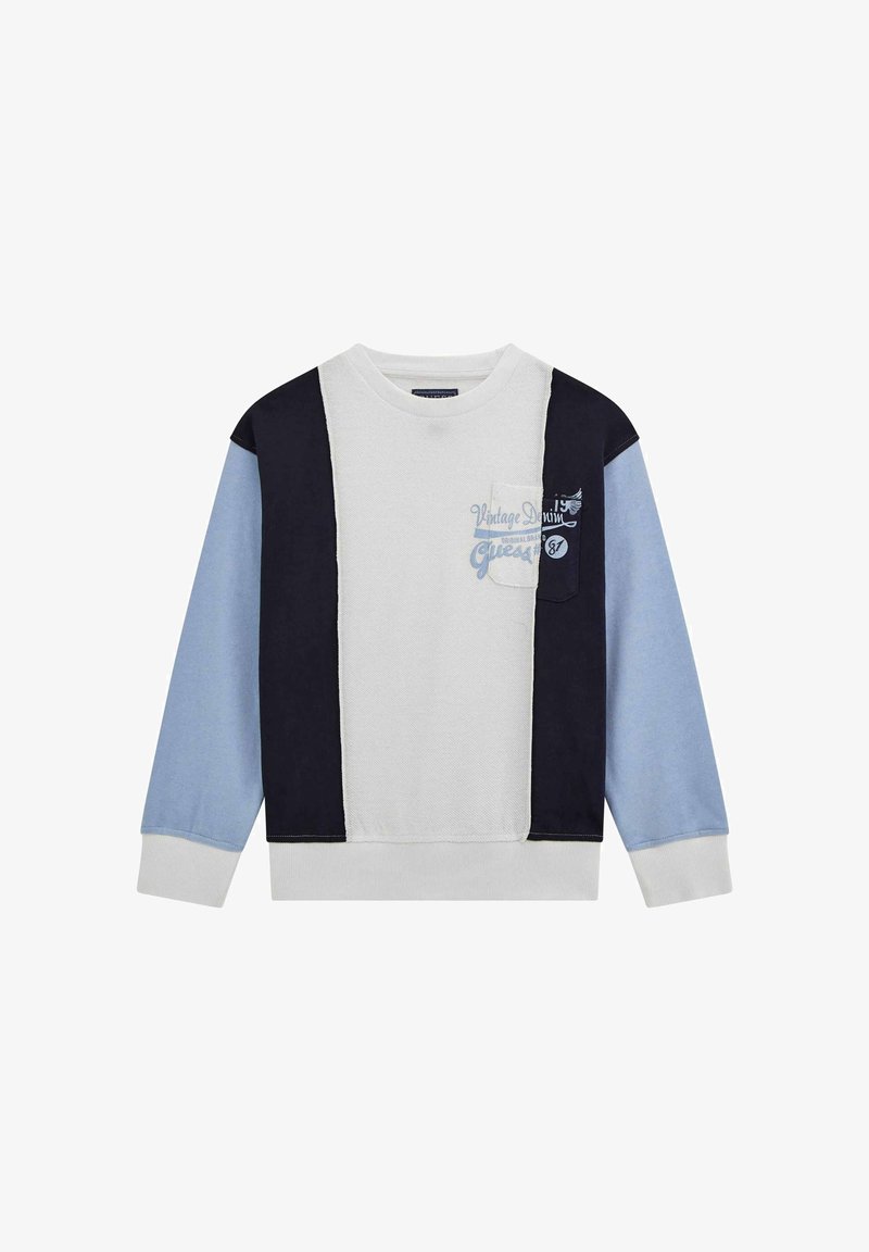 Felpa colorata con pannelli grigi, blu navy e azzurri. Tessuto morbido con collo rotondo, maniche lunghe e stampa sul petto.