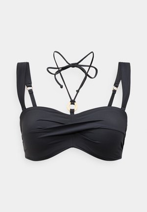 Fekete bikini felső sima anyagból, csavart elülső kialakítással, állítható pántokkal és a közepén egy aranyszínű, kör alakú díszítéssel.