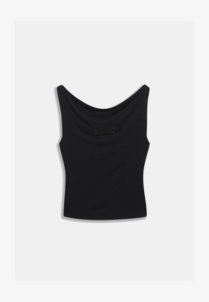 Czarny bezrękawnik z zaokrąglonym dekoltem, z delikatnym teksturowanym detalem na przodzie. Miękka tkanina, dopasowany krój, minimalistyczny styl.