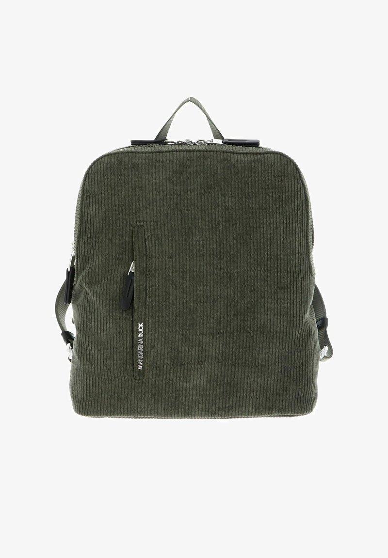 Sac à dos en velours côtelé vert olive de forme arrondie, avec des fermetures éclair argentées, une poche avant zippée et des bretelles noires réglables.