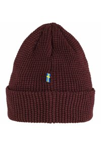 Burgundská pletená čepice s ribbenou texturou, na přední straně se nachází malá švédská vlajka. Manžetový design zvyšuje pohodlí a teplo.