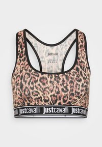Sporta krūšturis ar leopardu rakstu rozā un brūnās krāsās, ar melnu elastīgu jostu ar "Just Cavalli" logo. Stiepjama kokvilnas maisījuma audums.