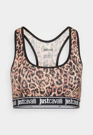 Sutien sport cu un design cu imprimeu leopard în nuanțe de roz și maro, având o bandă elastică neagră cu logo-ul "Just Cavalli". Amestec elastic de bumbac.