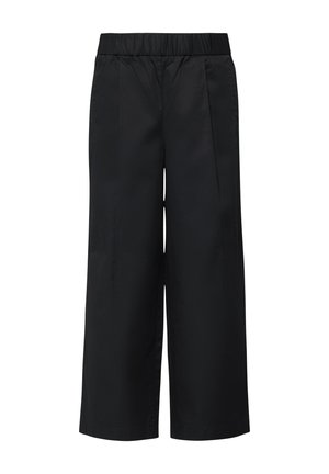 Zwarte wijde pantalon met elastische tailleband, plooien aan de voorkant en een gladde afwerking, ontworpen voor een comfortabele pasvorm.