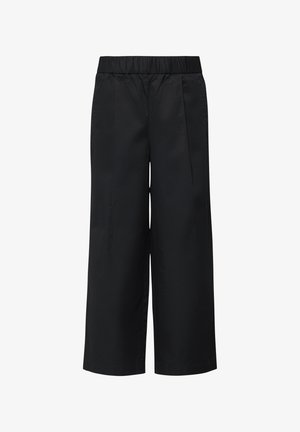 Black wide-leg trousers with elastic waistband, front pleats, and a smooth finish, designed for a relaxed fit.