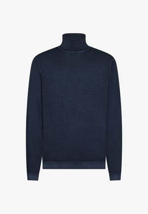 Maglione collo alto blu navy, realizzato in morbido materiale a maglia. Presenta un design aderente, maniche lunghe e polsini e orlo costolati. Branding sottile sul petto.