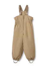 Tuta kaki con bretelle marroni regolabili, zip frontale, elastico in vita e ai polsini, con accessori metallici e passanti alle caviglie.