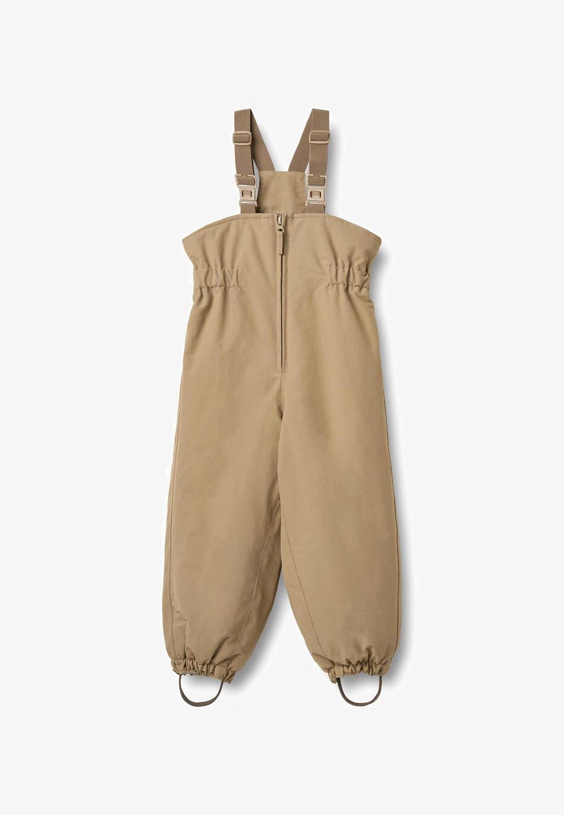 Tuta kaki con bretelle marroni regolabili, zip frontale, elastico in vita e ai polsini, con accessori metallici e passanti alle caviglie.