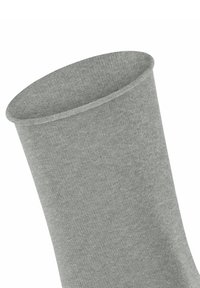 Calzino grigio a maglia con una texture liscia e un risvolto piegato. Presenta una forma tubolare e una superficie uniforme, ideale per un look informale.