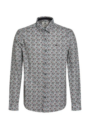 Camisa de manga larga con un patrón geométrico en colores azul, blanco y óxido, con cuello abotonado y botones en el frente.
