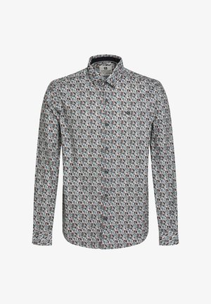 Ilga rankovėms marškiniai su geometriniu raštu mėlynos, baltos ir rūdos spalvų deriniu, su sagomis ant apykaklės ir priekyje.