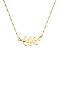 Guldtonet halskæde med et delikat bladdesign med fem glatte, aflange blade på en fin kæde. Minimalistisk og elegant.