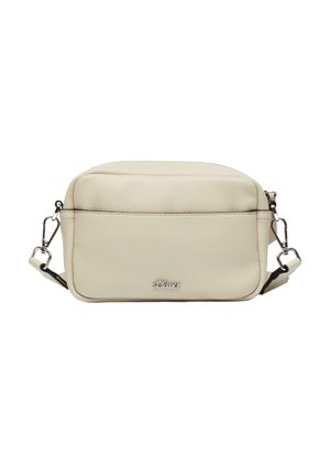 Kremowa torba crossbody wykonana z teksturowanego materiału, z zapięciem na zamek, regulowanym paskiem i tłoczonym logo z przodu.