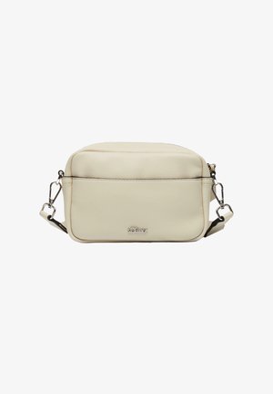 Crème kleurige crossbody tas van gestructureerd materiaal, met een ritsluiting, een verstelbare schouderriem en een reliëf logo op de voorkant.
