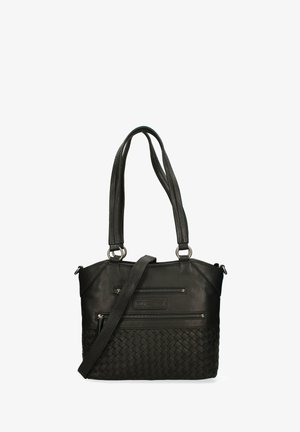Zwarte leren handtas met twee schouderriemen, één verstelbare crossbodyriem, vooraan een geweven textuur en twee ritszakken.