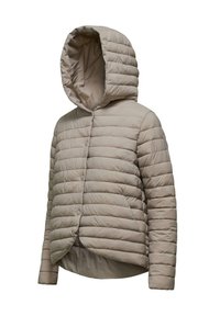 Giacca a vento leggera beige con cappuccio, caratterizzata da una trapuntatura orizzontale, chiusure a scatto frontali e un orlo leggermente curvato.