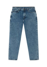 Svetlo modri kavbojki z ravnim krojem, z zadrgo, petimi žepi in subtilnim bledenjem, ki prikazuje gladko teksturo ter šivane detajle.