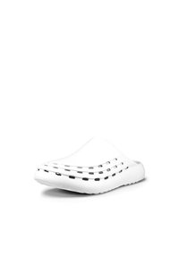 Weiße Ballerina-Clogs aus leichtem Material, mit einem perforierten Design und schwarzen Akzenten an den Seiten für Belüftung. Abgerundete Zehenform.