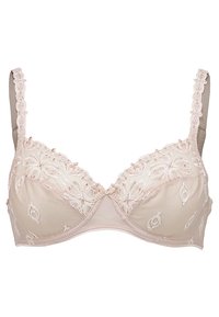 Light beige lace bra with embroidered floral patterns, underwire support, and adjustable straps for comfort. Satin material with mesh details.