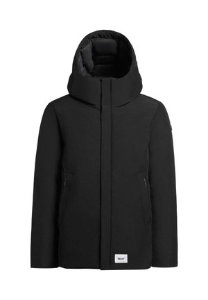 Svart hettegenser med en glatt ytterflate, hel glidelås, to sidelommer, og et logo-patch nederst på kanten.