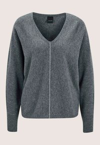 Dunkelgrauer, langärmeliger V-Ausschnitt-Pullover mit einer sichtbaren, dünnen, vertikalen Naht, die in der Mitte der Vorderseite entlangläuft.