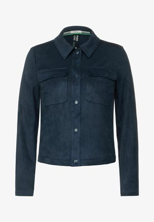 Marineblå suedejakke med krave, frontlukning med knapper og to brystlommer. Har en glat overflade og lange ærmer.