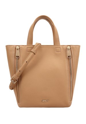 Tan leather tote bag with dual zipper pockets, short handles, and a detachable shoulder strap. Features a subtle logo accent.