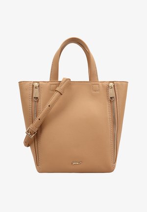 Tand lederen tote bag met dubbele ritszakken, korte handvatten en een afneembare schouderriem. Heeft een subtiele logo-accent.