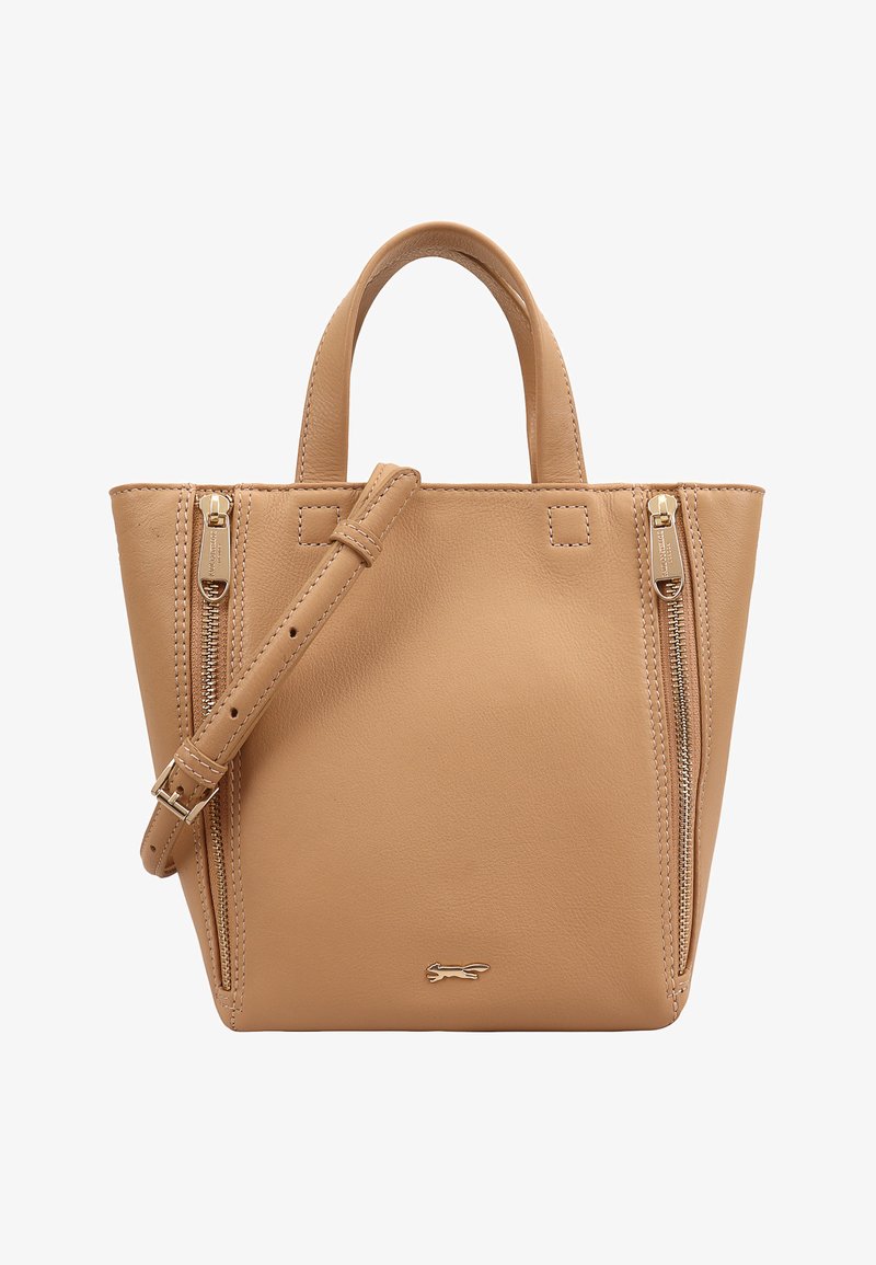 Tand lederen tote bag met dubbele ritszakken, korte handvatten en een afneembare schouderriem. Heeft een subtiele logo-accent.