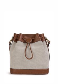 Beige mesh bucket bag with brown leather accents, drawstring closure, and gold hardware detail. Stitched trim along the base.