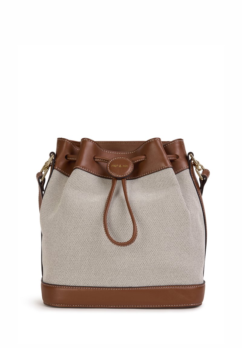 Beige mesh bucket bag with brown leather accents, drawstring closure, and gold hardware detail. Stitched trim along the base.