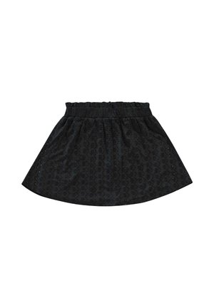 Zwarte rok met een elastische tailleband, met een uitlopende A-lijn vorm, voorzien van een subtiel bloempatroon en oogjes langs de zoom.