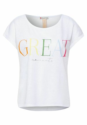 Biała bawełniana koszulka z krótkim rękawem, z kolorowym napisem "GREAT" w odcieniach pomarańczowym, żółtym, zielonym, niebieskim i różowym, z srebrnymi akcentami.