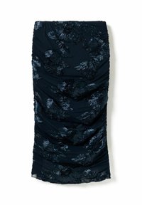 Jupe crayon noire froncée avec motif floral en velours brillant et détail d'ourlet légèrement transparent.