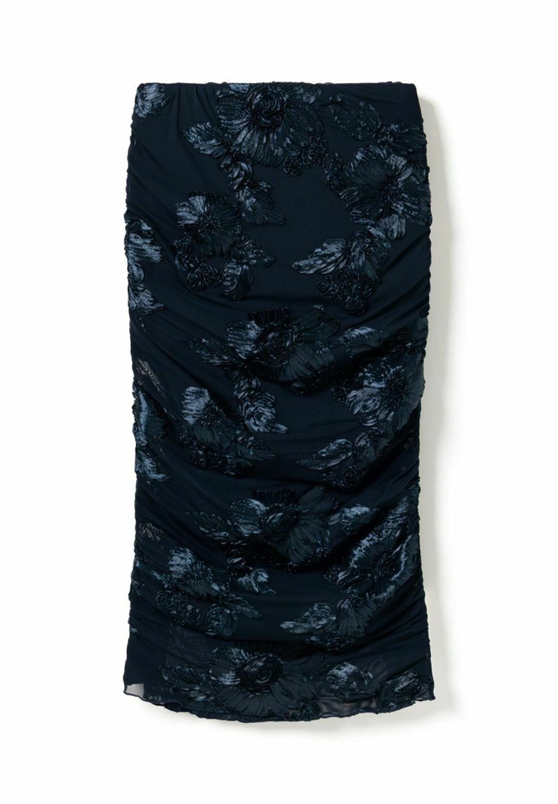 Jupe crayon noire froncée avec motif floral en velours brillant et détail d'ourlet légèrement transparent.