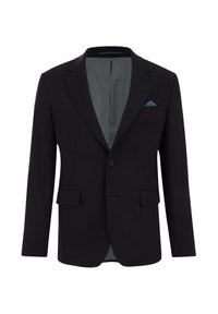 Must ümbernikuga must bleiser, millel on kaks esistükki ja rinna tasku sinise mustriga taskurätikuga; sile kangas ja kohandatud lõige.