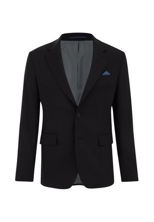 Blaser noir avec revers crantés, deux poches avant et une poche poitrine, arborant un mouchoir à motifs bleus ; tissu lisse avec coupe ajustée.